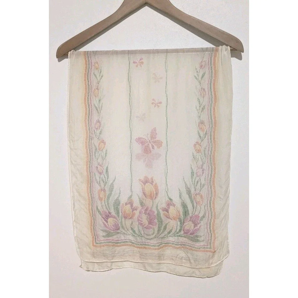 Vintage 60s Pale Yellow Butterfly Tulip Floral Oblong Scarf Sheer